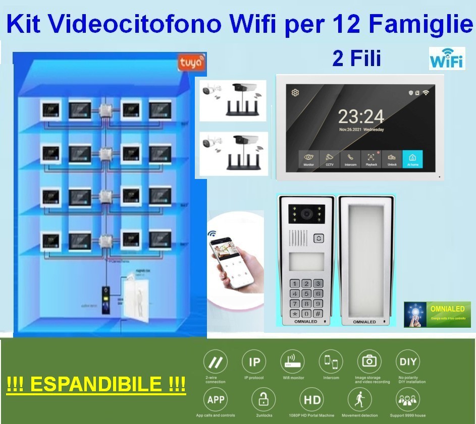 (immagine per) Kit Videocitofono per 12 Appartamenti solo 2 fili connesso wifi