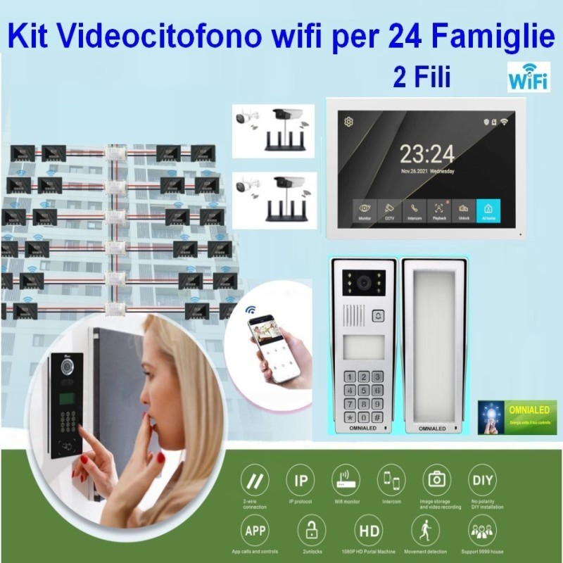 (immagine per) Kit Videocitofono per 24 Appartamenti solo 2 fili connesso wifi
