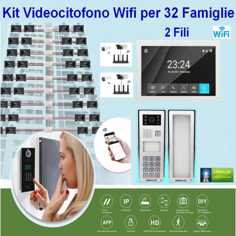 (immagine per) Kit Videocitofono per 32 Appartamenti solo 2 fili connesso wifi