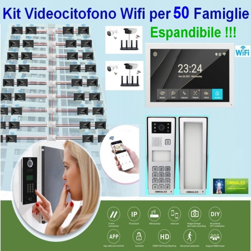 (immagine per) Kit Videocitofono per 50 Appartamenti solo 2 fili connesso wifi