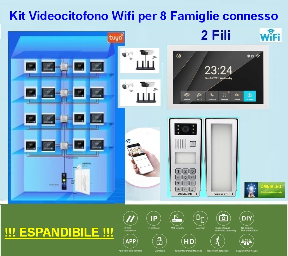 (immagine per) Kit Videocitofono per 8 Appartamenti solo 2 fili connesso wifi