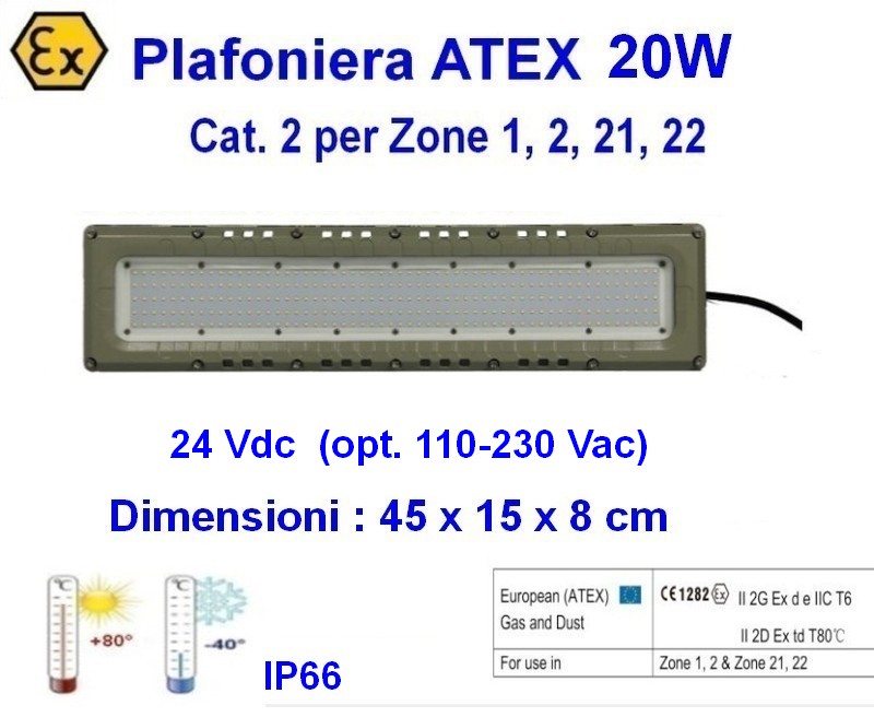 (immagine per) Plafoniera Led Atex 20w 24V 45 cm Cat. 2 Zona 1,2,21,22