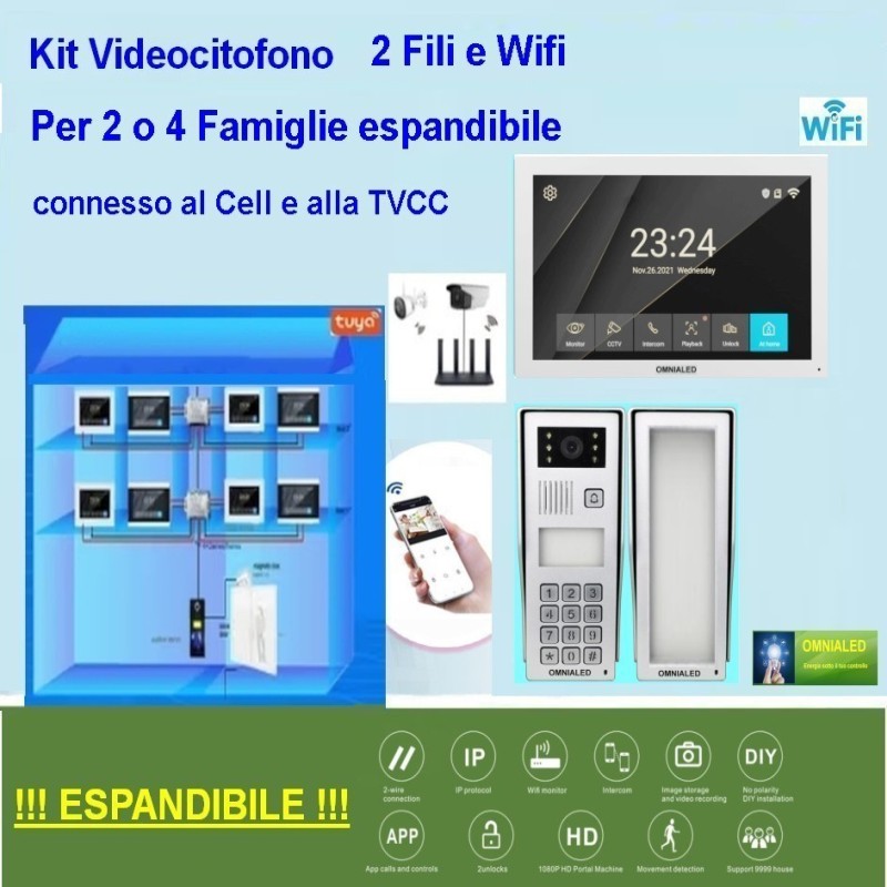 (immagine per) Kit Videocitofono per 4 Famiglie solo 2 fili e connesso wifi